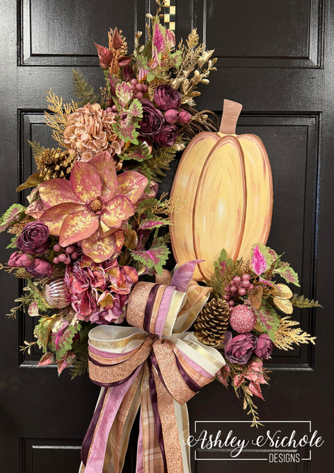 Rose Gold Magnolia Pumpkin Fall Wreath