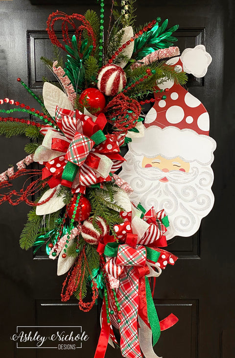 Santa - Jolly St. Nick Christmas Wreath - Emerald, Red & White (Oversized)