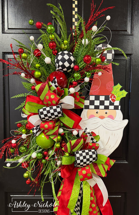 Santa Checkered with Red Glitter Christmas Wreath