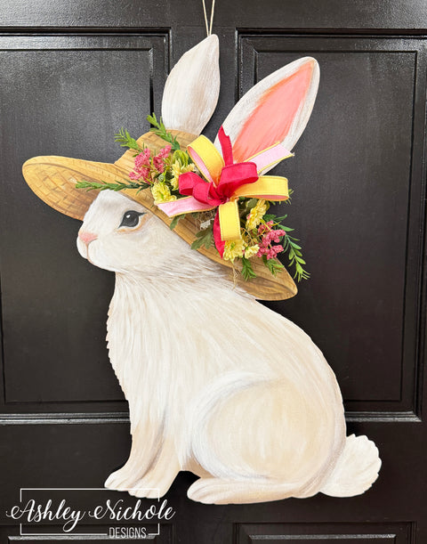 Straw Hat Cottage Bunny Floral Door Hanger (UV PRINTED)
