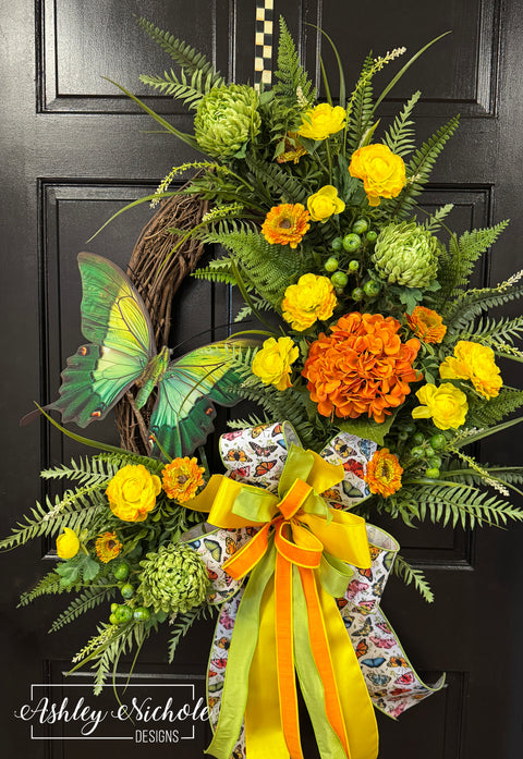 *READY to SHIP* - Summer Garden Butterfly Wreath - Green