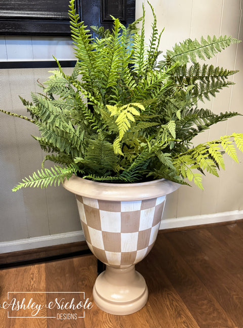 Tan & White Checkered Garden Urn Planter - (Hand-Painted)