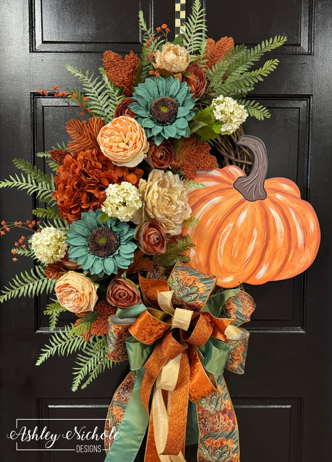 Teal & Copper Florals Pumpkin Wreath