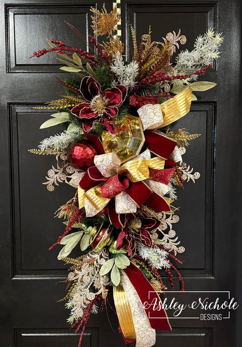 READY TO SHIP - Vintage Burgundy & Gold Finial Christmas Teardrop Swag