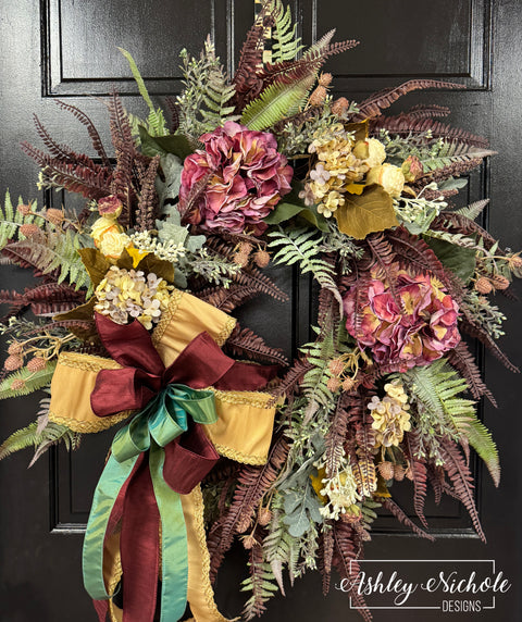Vintage Hydrangea & Dried Roses Fall Round Wreath