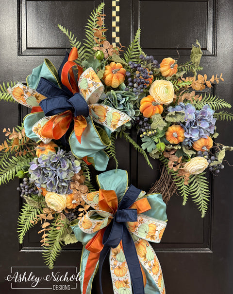 Weathered Blue Pumpkin Fall Wreath