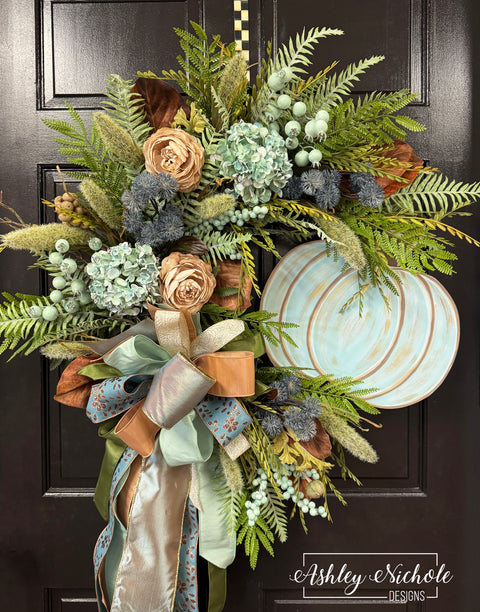 Weathered Blue Pumpkin Fall Wreath