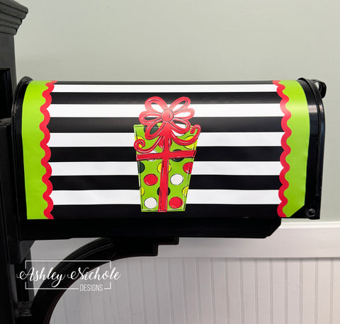 Whimsical Christmas Gift Box Traditional - Magnetic Vinyl Mailbox Cover