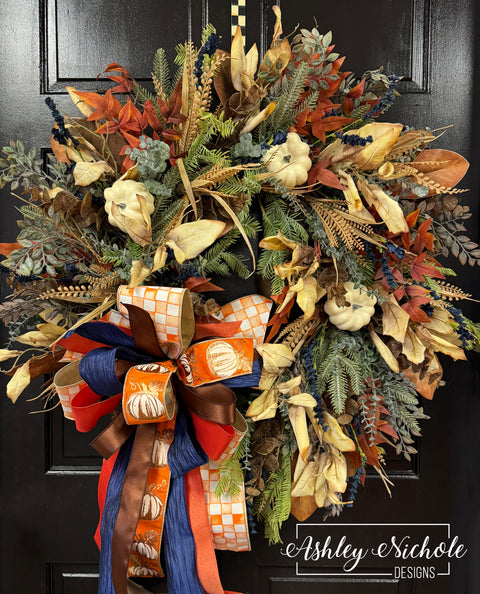 White Washed Pumpkin - Cool Tones - Fall Wreath