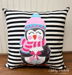 Custom Pillow - Winter Sweetheart Penguin (GIRL VERSION) on Black & White Thin Stripe Outdoor Fabric