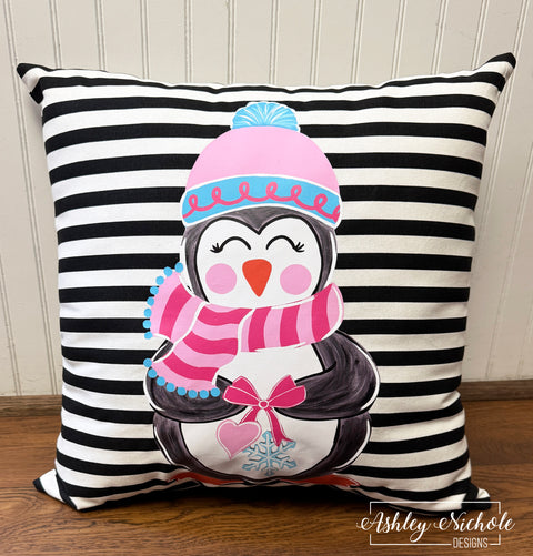 Custom Pillow Winter Sweetheart Penguin BOY VERSION on Black Whi AshleyNichole Designs