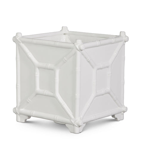 8.5" Bamboo Planter - White Ceramic
