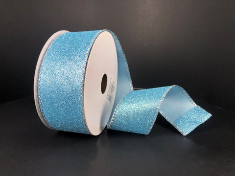 Light Blue All Flat Glitter Silver Edged Wired Ribbon - 1.5" x 10yds