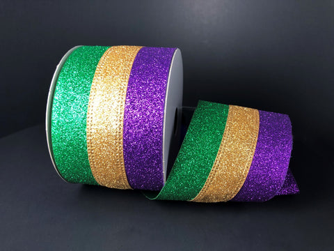 Tri Color - Green/Gold/Purple - Mardi Gras Wired Ribbon - 2.5"x10Y