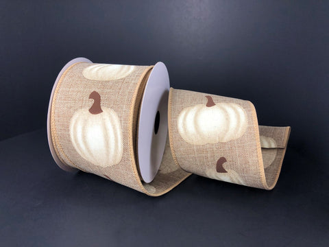 Natural Linen w/ Ivory Pumpkin Wired Ribbon - 2.5" x 10yds
