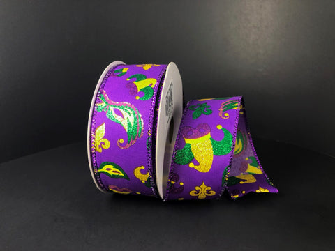 Purple w/ Mardi Gras Abstract Design Wired RIbbon - 1.5"x10Y