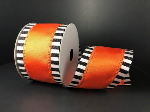 Orange Ribbed Satin w/ Glitter Striped Edge Wired Ribbon - 2.5" x 10yds