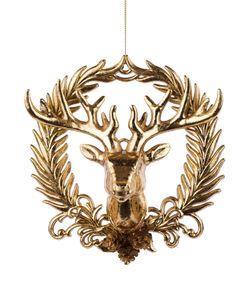 6" x 5.5" Deer Head w/Wreath Ornament - Gold