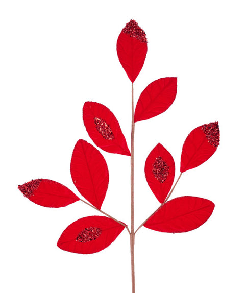 27" Velvet & Glitter Magnolia Leaf Spray x9 - Red