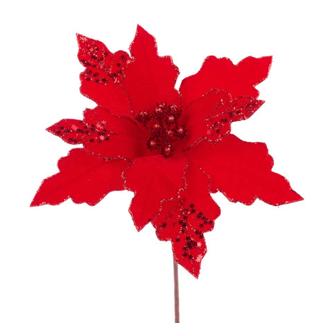 11" Velvet & Glitter Poinsettia Stem - Red