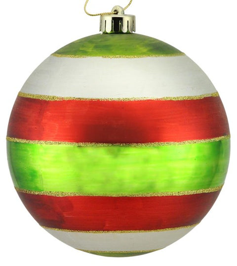 150mm Matte Striped With Glitter Ball Ornament - Lime, Red & Pearl White