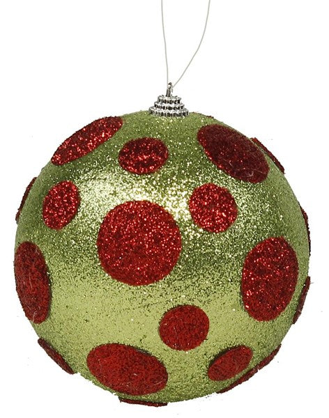 4.75" Glitter & Fabric Polka Dot Ball Ornament - Lime Green & Red