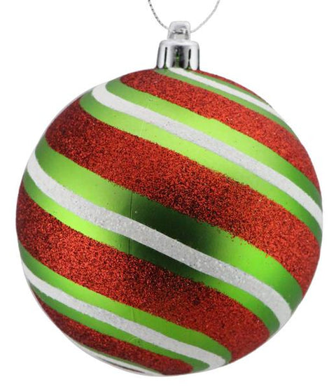 100mm Glittered Diagonal Striped Ball Ornament - Matte Red, Lime & White