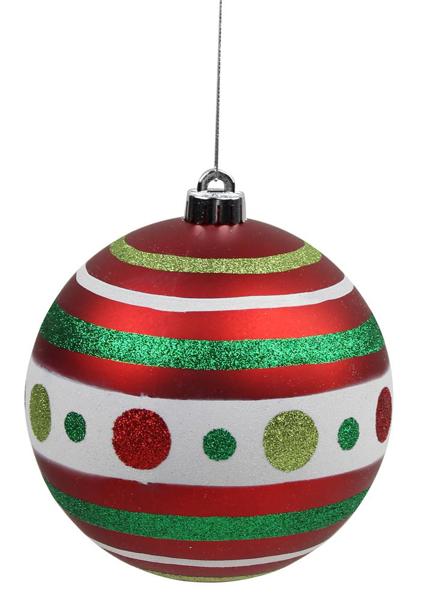 150mm Polka Dot & Striped Ball Ornament - Green, Lime, Red & White