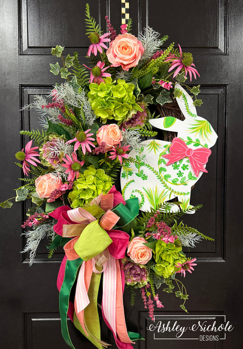 Chinoiserie Inspired Sitting Bunny Wreath - GREEN