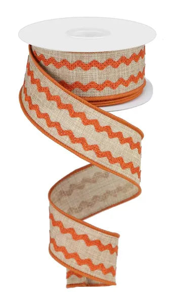 Orange & Tan Ricrac Wired Ribbon - 1.5" x 10yds