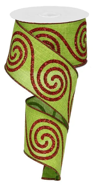 Lime Green Burlap w/ Red Glitter Swirls Wired Ribbon - 2.5" x 50yds