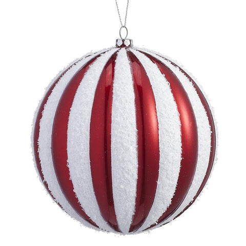 4.75" Striped & Snowed Ball Ornament - Red & White