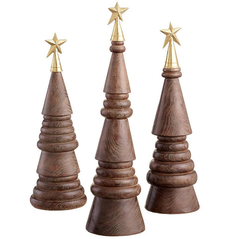 14" - 18.5" Cone Topiary Tree With Star - Set of 3 - Brown/Gold