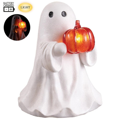 6.5" Ghost Holding a Pumpkin Light - Battery Operated - White/Orange