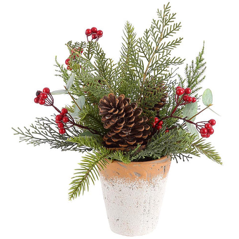 15" Berry, Pine Cone, Pine Branch in Cement Pot - Red/Brown