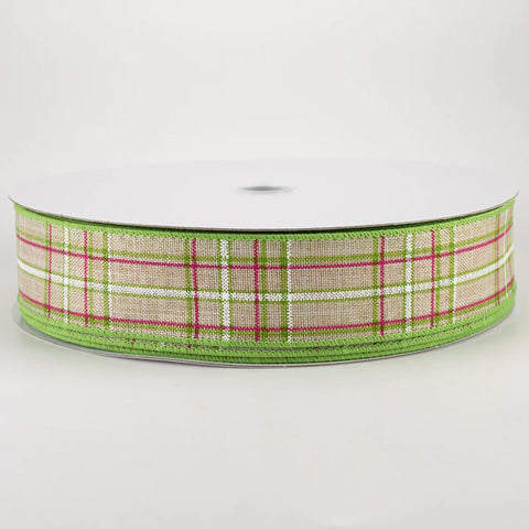 Cornelia Plaid Ribbon Natural, Fuchsia, Green & White Wired Ribbon - 1.5" x 10yds