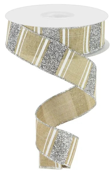 Burlap w/ Silver Glitter & White Stripes Wired Ribbon - 1.5" x 10yds