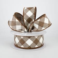 Brown & Ivory Diagonal Check Wired Ribbon - 1.5" x 10yds