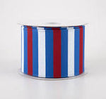 Horizontal Stripes, Red & White on Blue Wired Ribbon 2.5” x 10yds