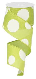 Lime Burlap w/ White Polka Dots Wired Ribbon - 2.5" x 10yds