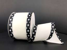 White Velvet w/ Black & White Polka Dot Edge Wired Ribbon - 2.5" x 10yds