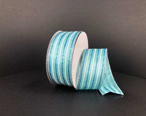 Light Blue w/ White & Blue Glitter Stiped Wired Ribbon - 1.5" x 10yds