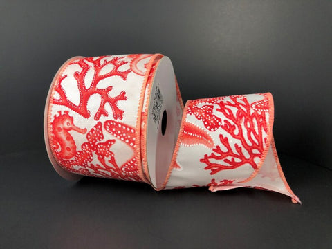 Red Starfish/Coral Wired Ribbon - 2.5" x 10yds