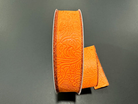 Orange Flower Embossed Metallic Edge Wired Ribbon - 1.5" x 50yds