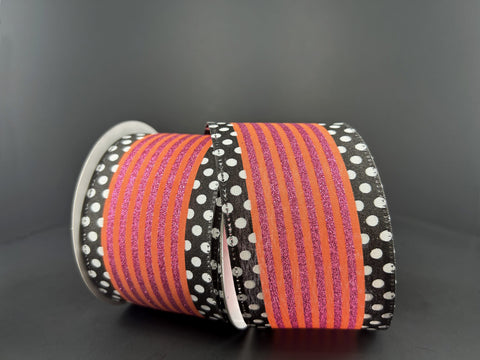 Orange & Fuchsia Glitter Cabana Stripe Black & White Edge Wired Ribbon - 2.5" x 10yds