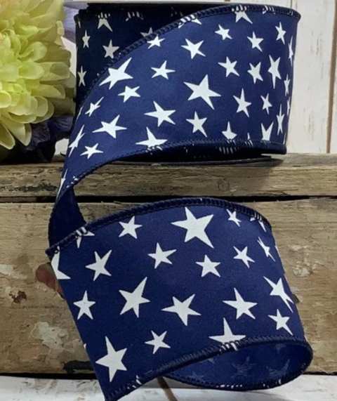 White Patriotic Stars on Navy Blue Wired Ribbon - 2.5"x10Yds