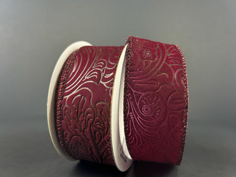 Burgundy Flower Embossed Metallic Edge Wired Ribbon - 1.5" x 10yds