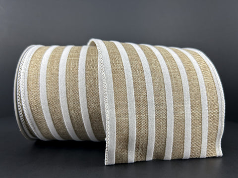 Burlap & White Flocked Cabana Stripe Wired Ribbon - 4" x 10yds
