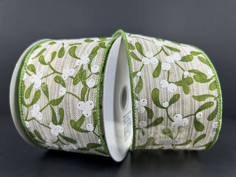 Mistletoe Leaves & White Berries Wired Ribbon - 2.5" x 10yds