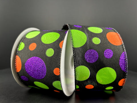 Purple Shimmer, Green & Orange Multi Dot Wired Ribbon - 2.5" x 10yds